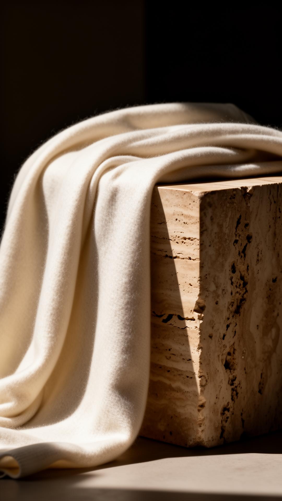 Ivory cashmere draped across a travertine plinth — material study